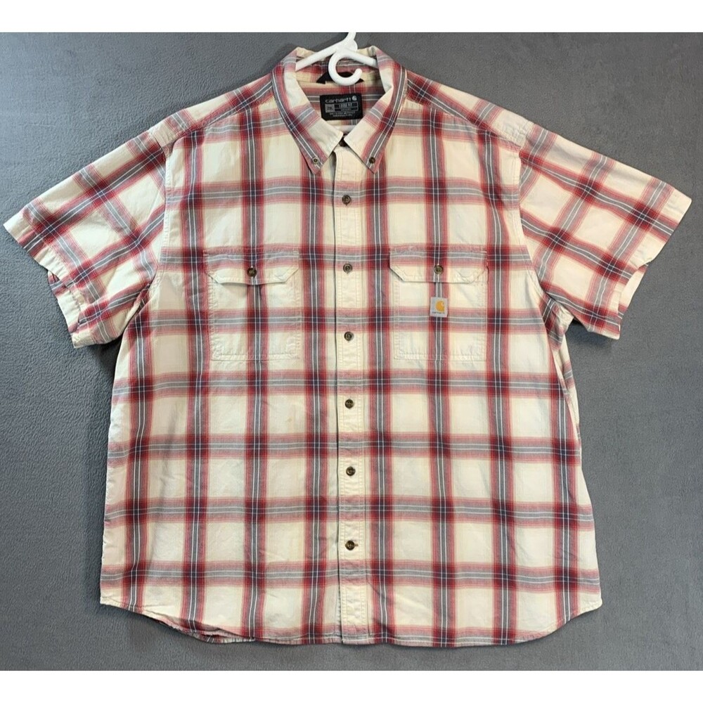 Carhartt Mens 2XL Loose Fit Plaid Work Shirt Red Gray Short Sleeve 104625